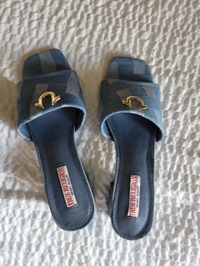 True Religion Denim Blue Slide Mules with Gold Logo Accent